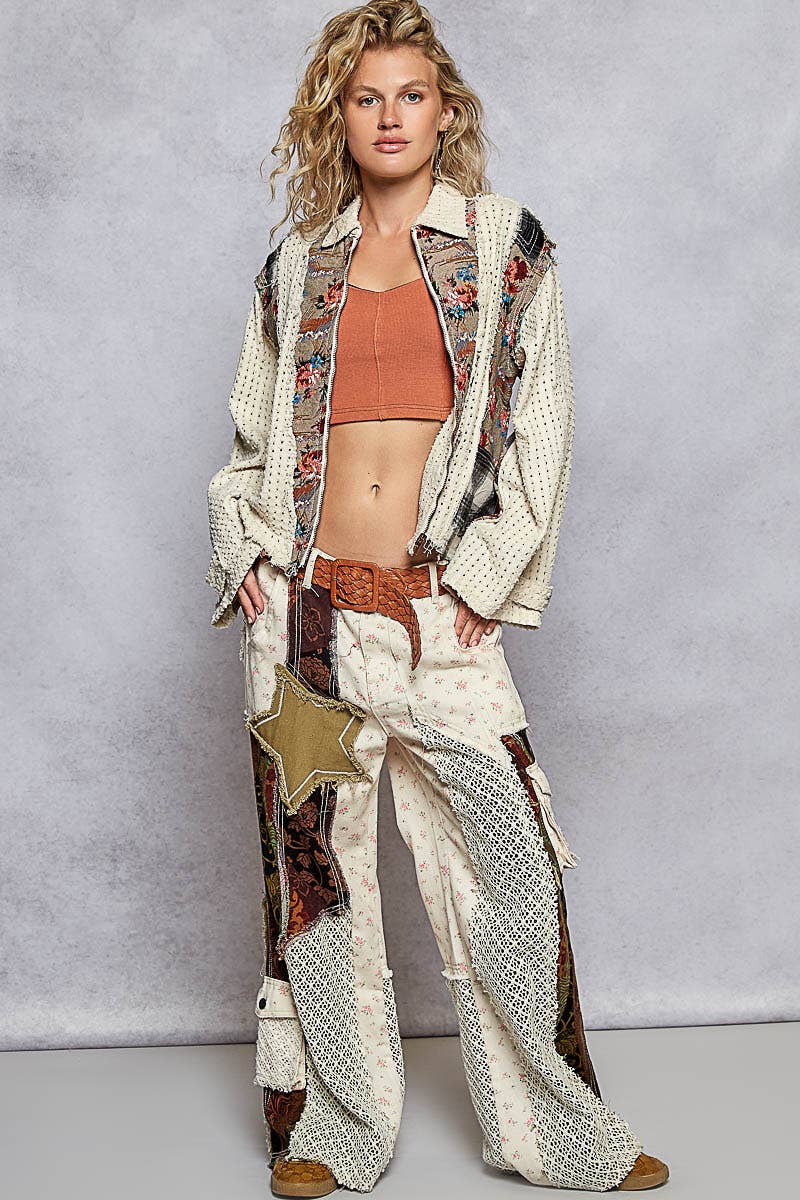 Bell sleeve front zipper jaquard contrast jacket: IVORY MULTI