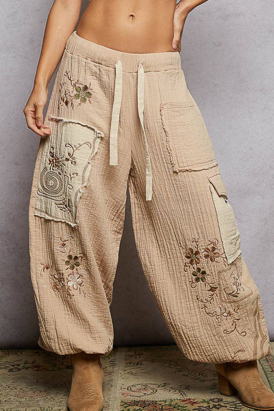 Floral Embroidered Double Gauze Cargo Pants S - L