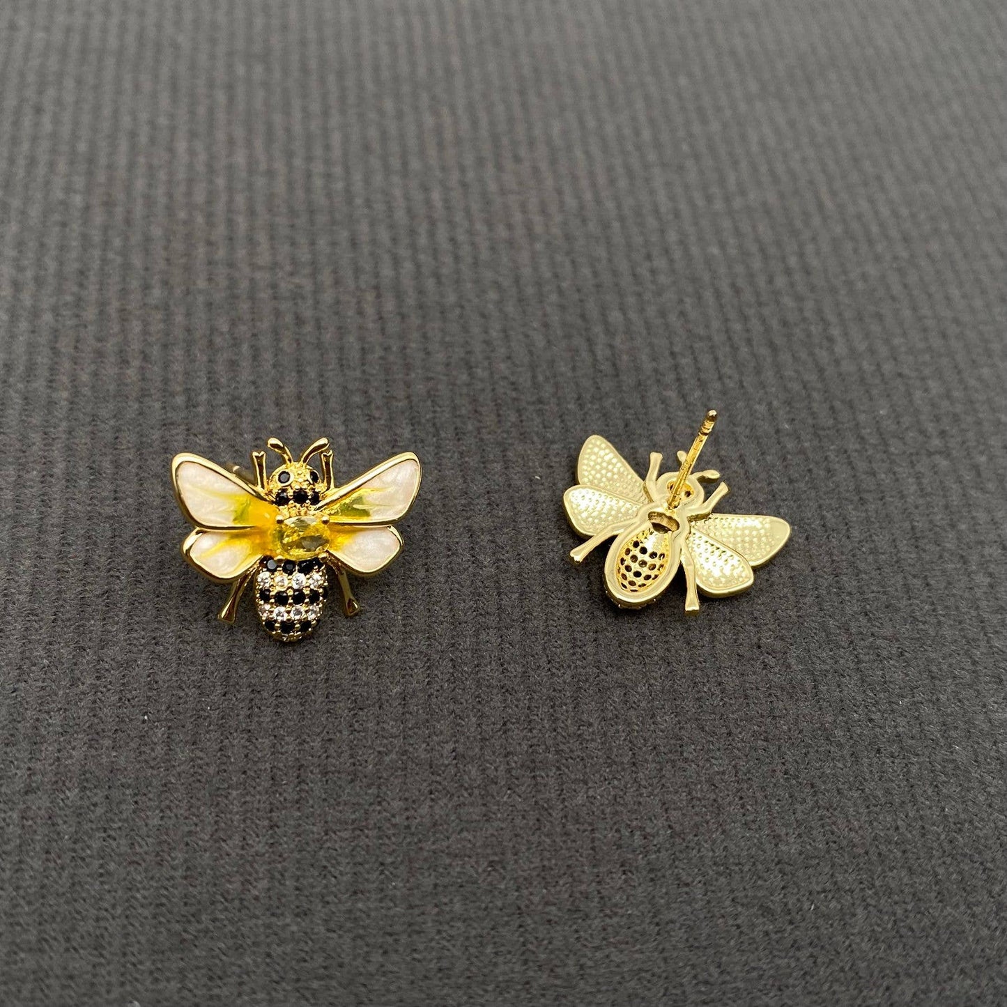Sparkling Rhinestones 14K Gold Plated Enamel Bee Ear Studs