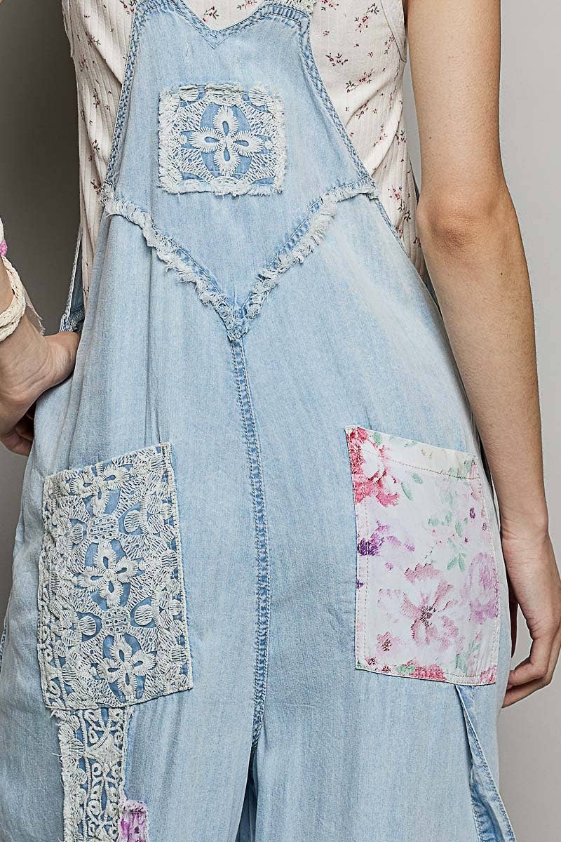 Printed Lace Patch Trim Strap Relaxed Fit Jogger Overall