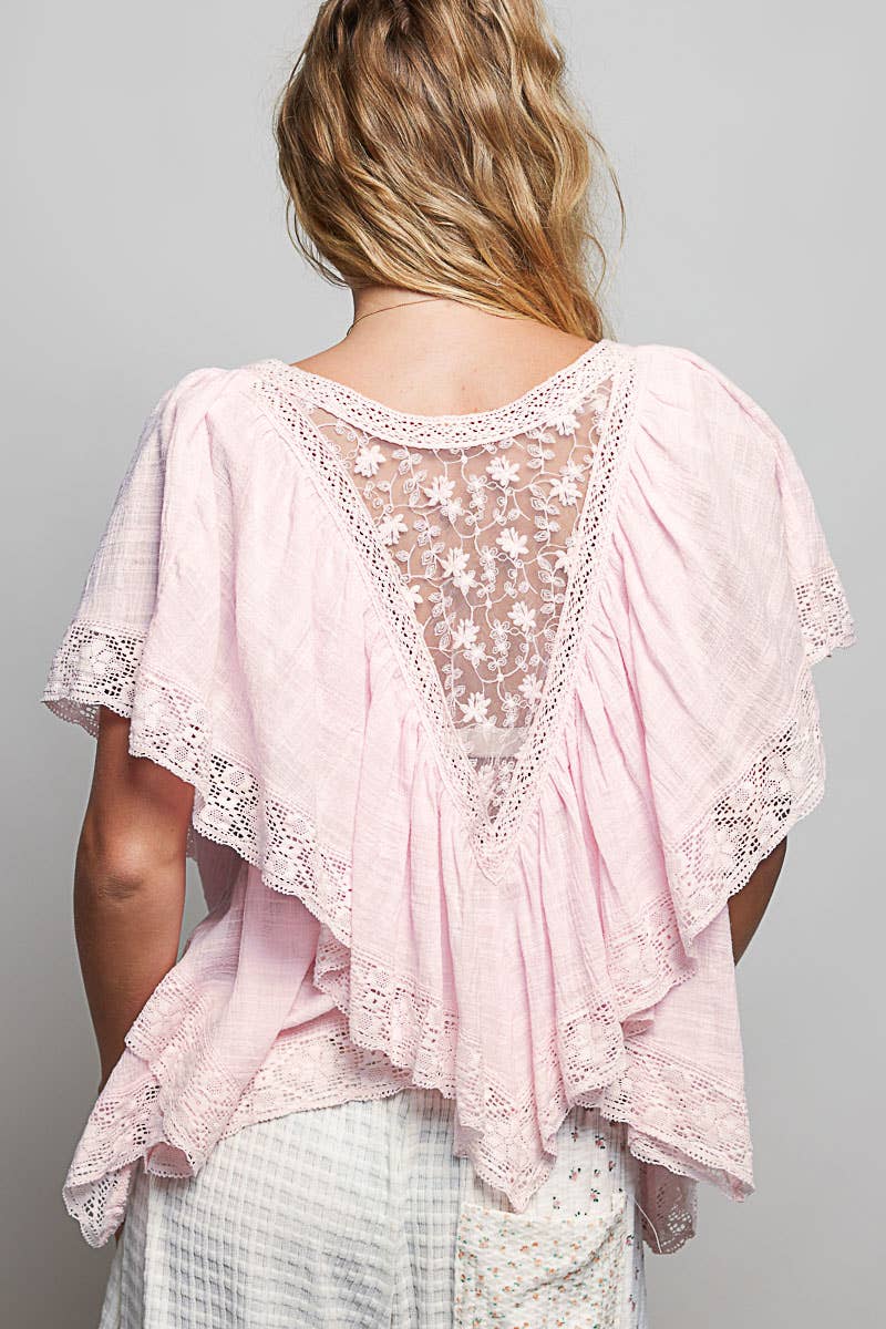 Lace Trim V Ruffle Detail Textured Woven Short Sleeve Top