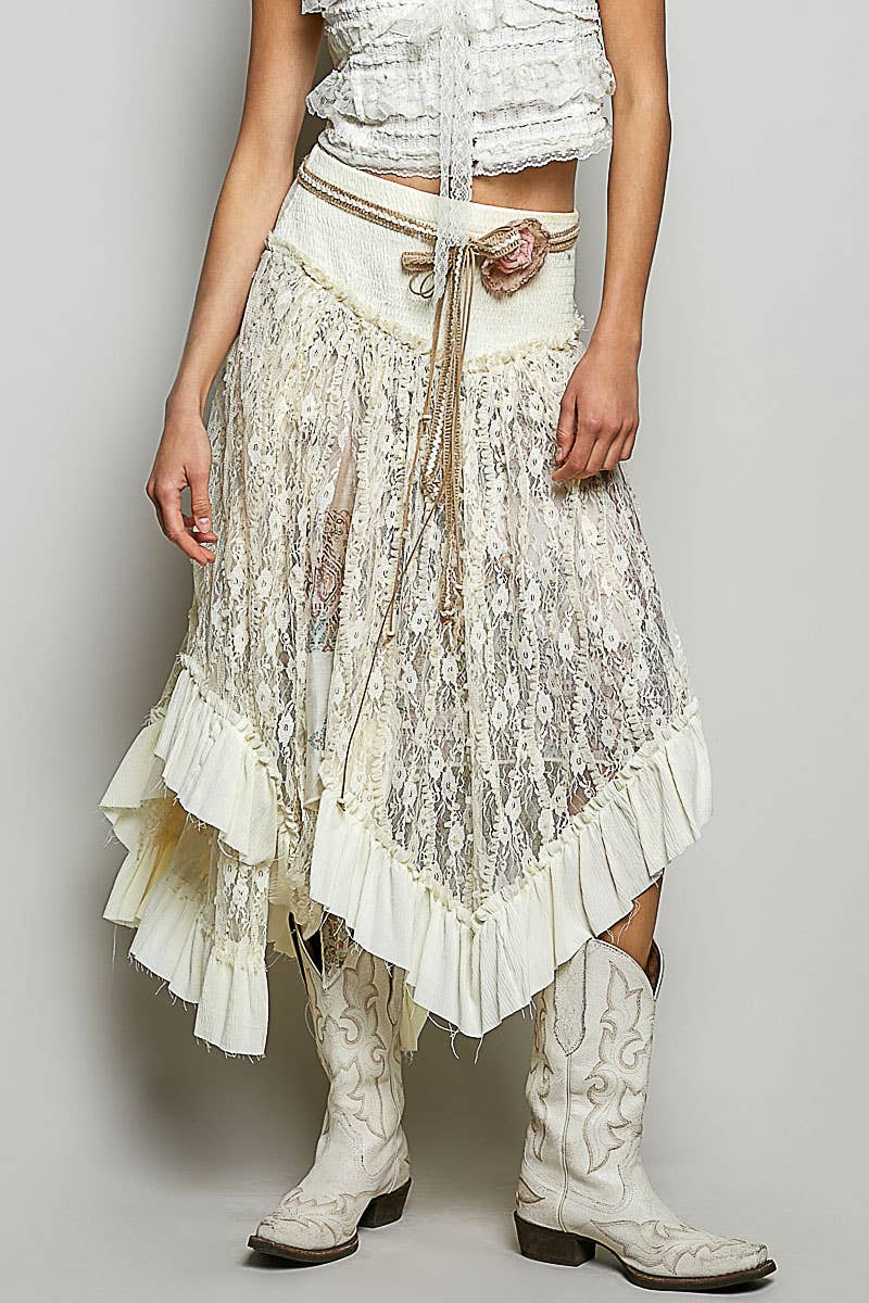 Ruffle Smocked Waist Solid Long Lace Skirt