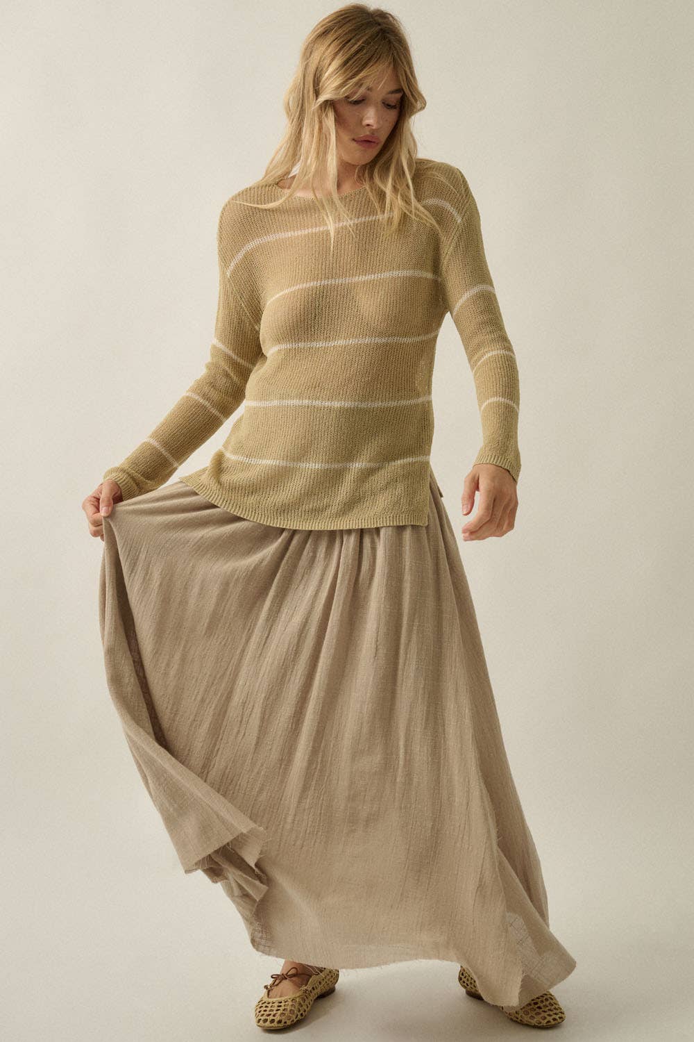 Solid Cotton Gauze Drop-Waist Yoke Maxi Skirt