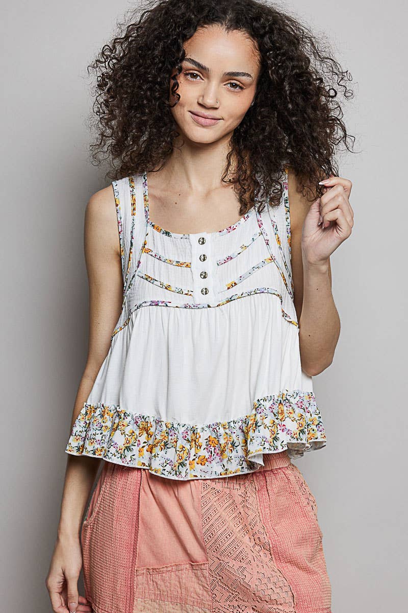 Square Neck Soft POL Jersey Floral Trim Boho Tank Top