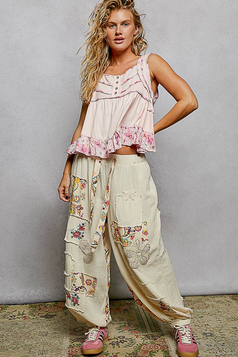 Square Neck Soft POL Jersey Floral Trim Boho Tank Top