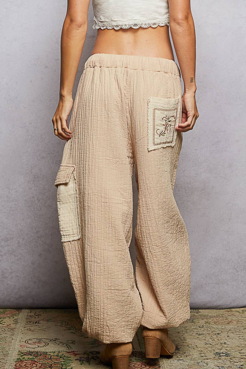 Floral Embroidered Double Gauze Cargo Pants S - L