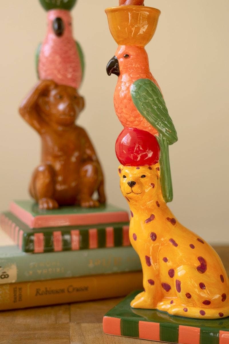 CERAMIC CHEETAH AND MONKEY TAPER CANDLE HOLDERS