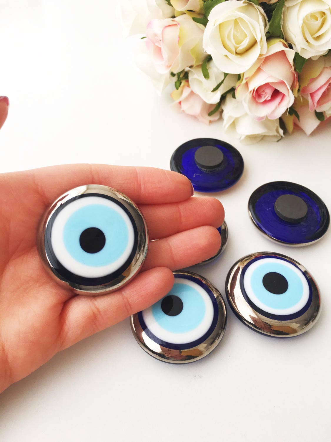 Glass evil eye magnet, gold and silver evil eye charm