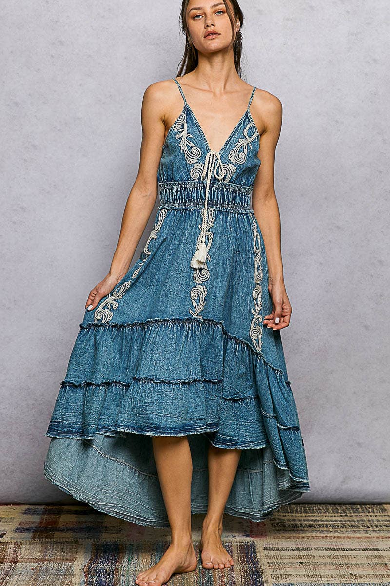 V-Neck Sleeveless Embroidery Tiered Cotton Dress