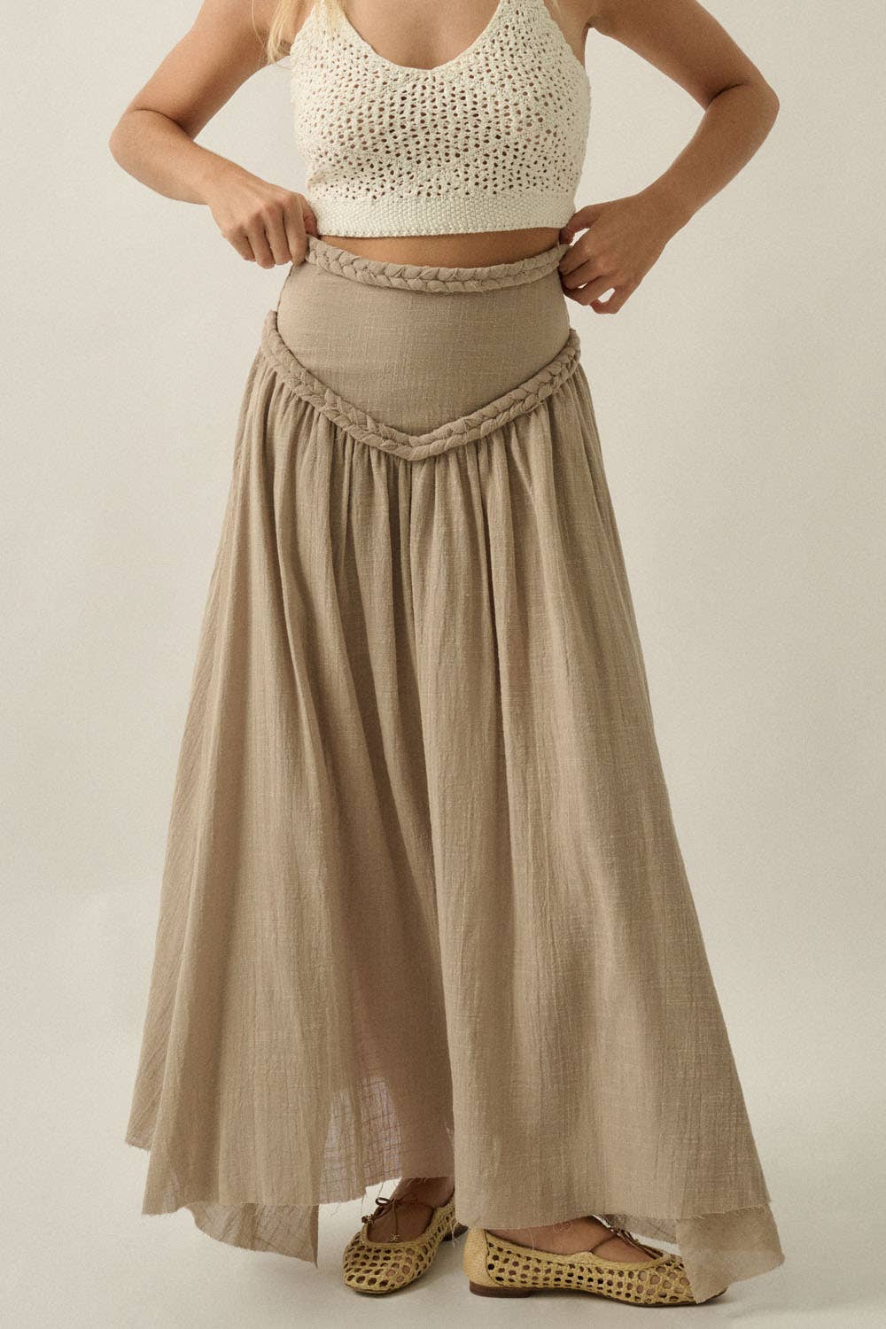 Solid Cotton Gauze Drop-Waist Yoke Maxi Skirt