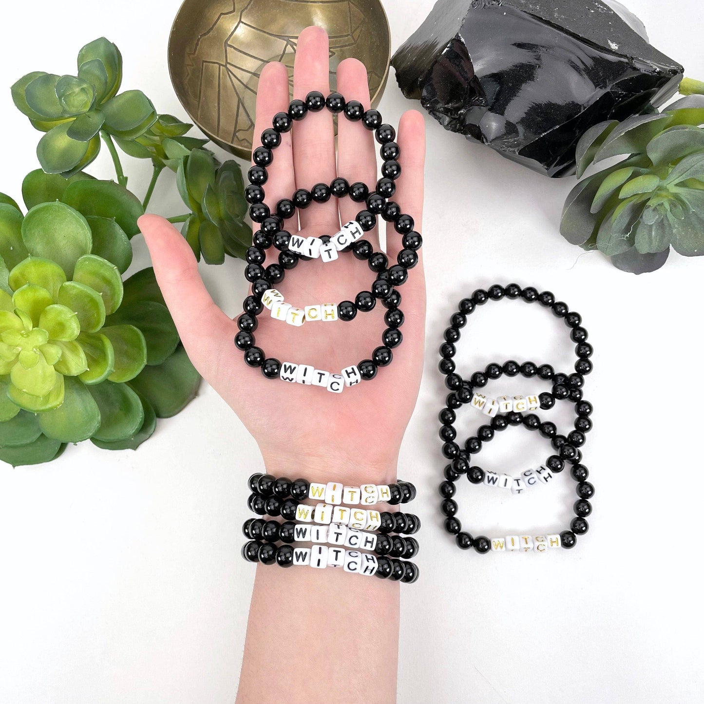 Black Obsidian Beaded Bracelet with "WITCH" Letter Beads - B: C- Black Bead Gold Lettering
