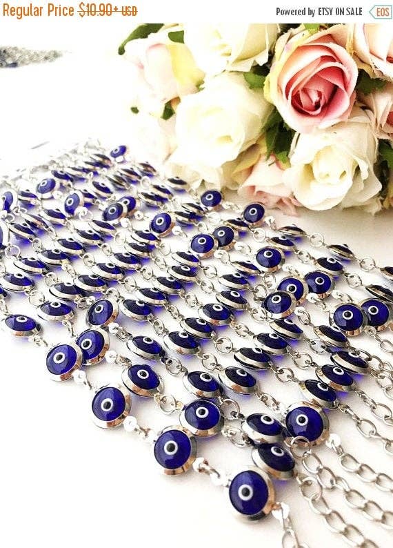 Silver Chain Bracelet, Glass Evil Eye Charm Bracelet, Greek Jewelry