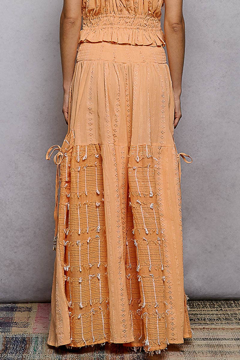 Boho Ruffle Contrast Shell Trim Wide Leg Pants
