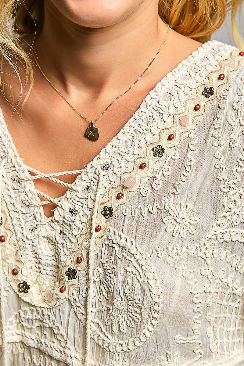 Short Sleeve Adjustable Drawstring Crochet V Neck Top