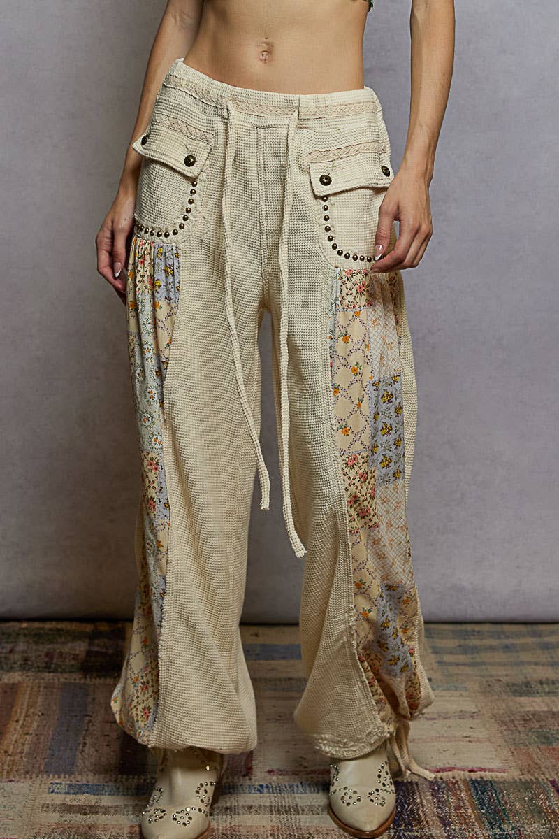 Elastic band floral print patch stud detail jogger pants: Pink or Sage