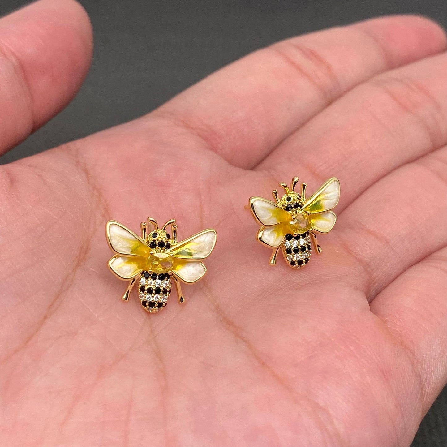 Sparkling Rhinestones 14K Gold Plated Enamel Bee Ear Studs