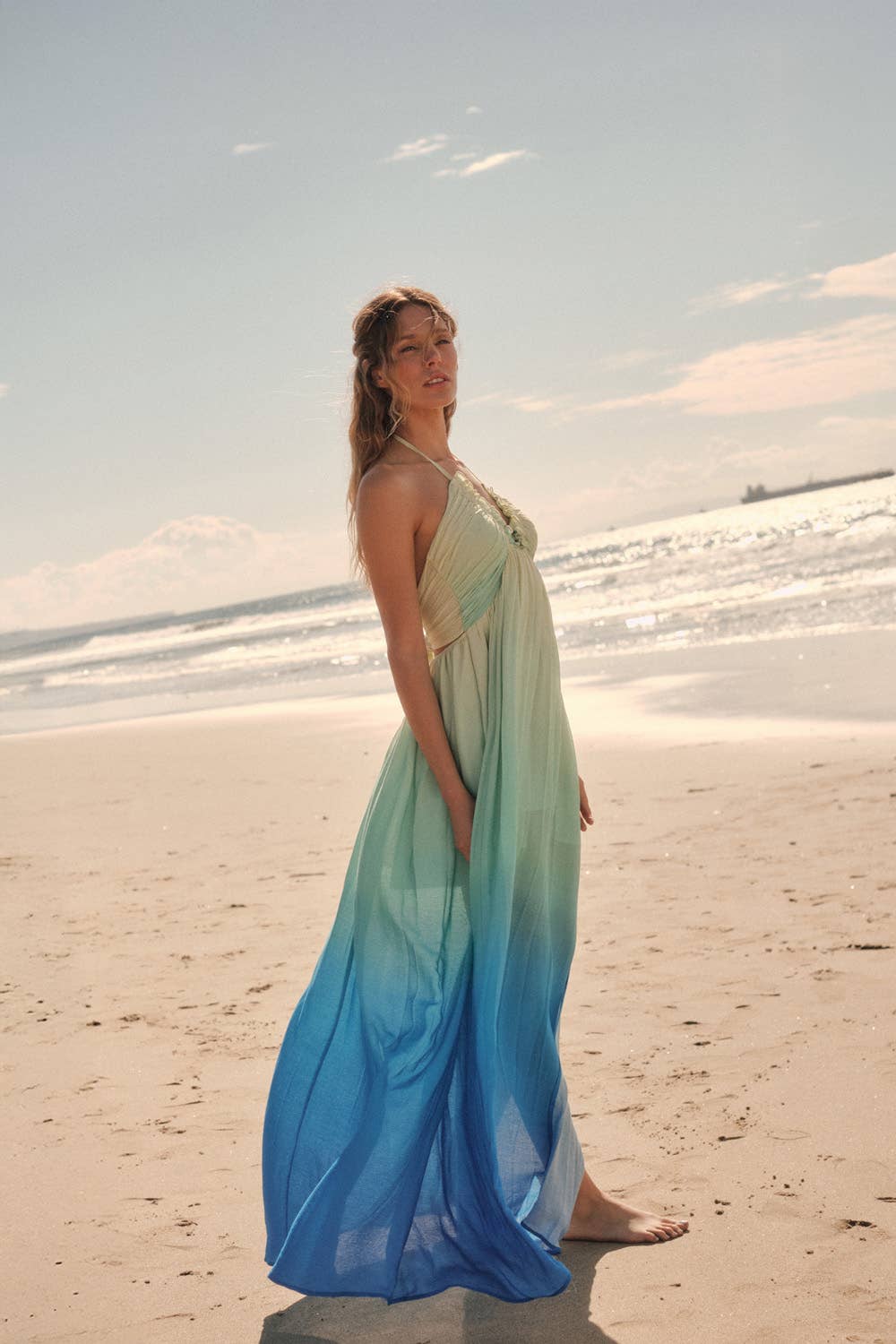 Ombre Crepe Tie-Back Halter Pocket Maxi Dress