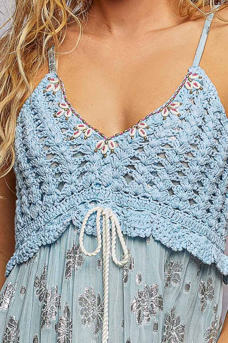 V-Neck Crochet Top Mirror Embroidery Tassel Viscose Dress