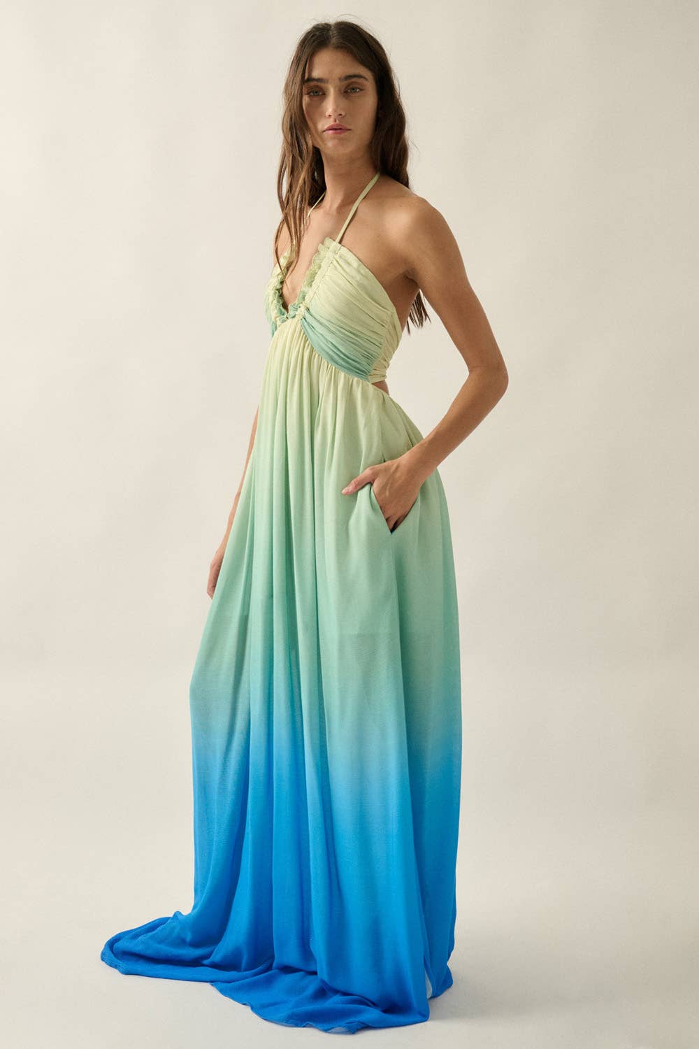 Ombre Crepe Tie-Back Halter Pocket Maxi Dress