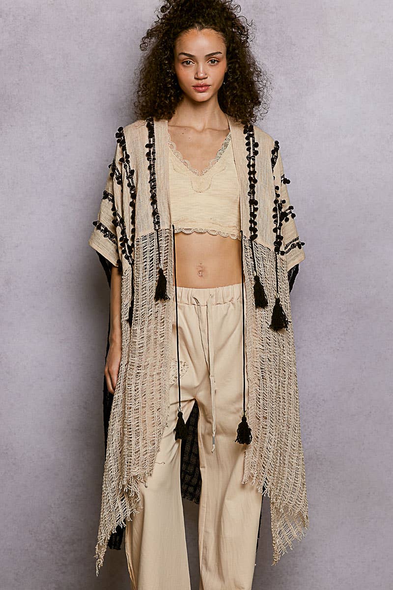 Boho Embroidered Cotton Tassel Loop Midi Cardigan