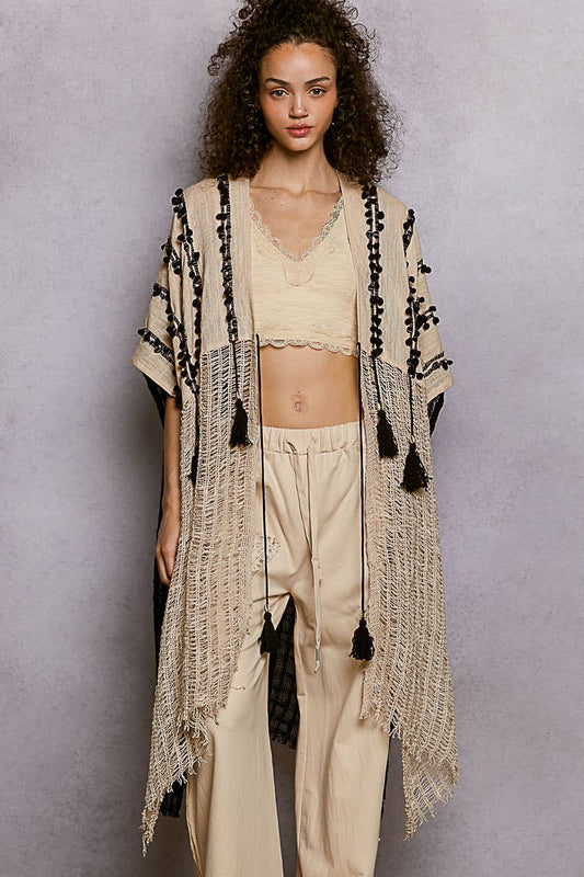 Boho Embroidered Cotton Tassel Loop Midi Cardigan