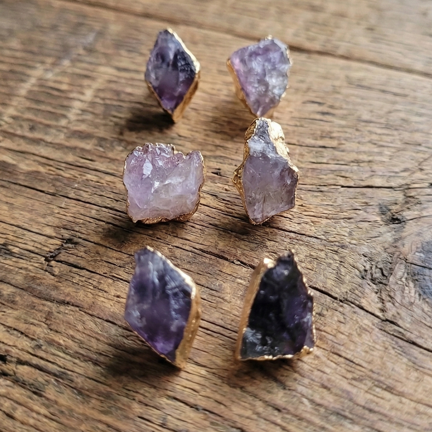 Raw Amethyst Stud Earrings – Natural Purple Druzy Stones in Gold-Plated Brass