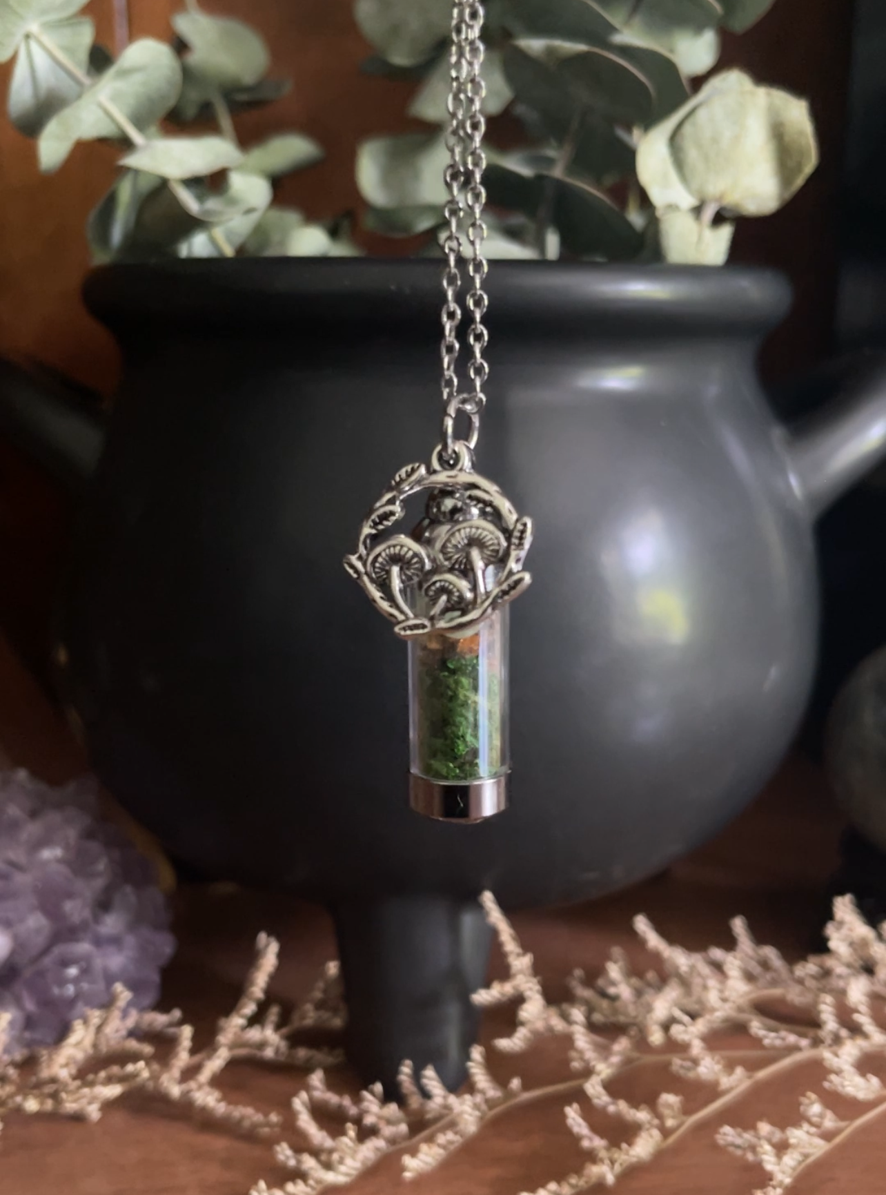 Forest Spell Jar Amulet Necklace, Witchy Crystal Jewelry