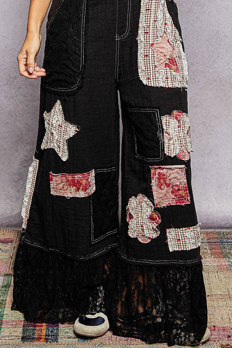 Double Gauze Lace Contrast Side Zipper Patchwork Overalls