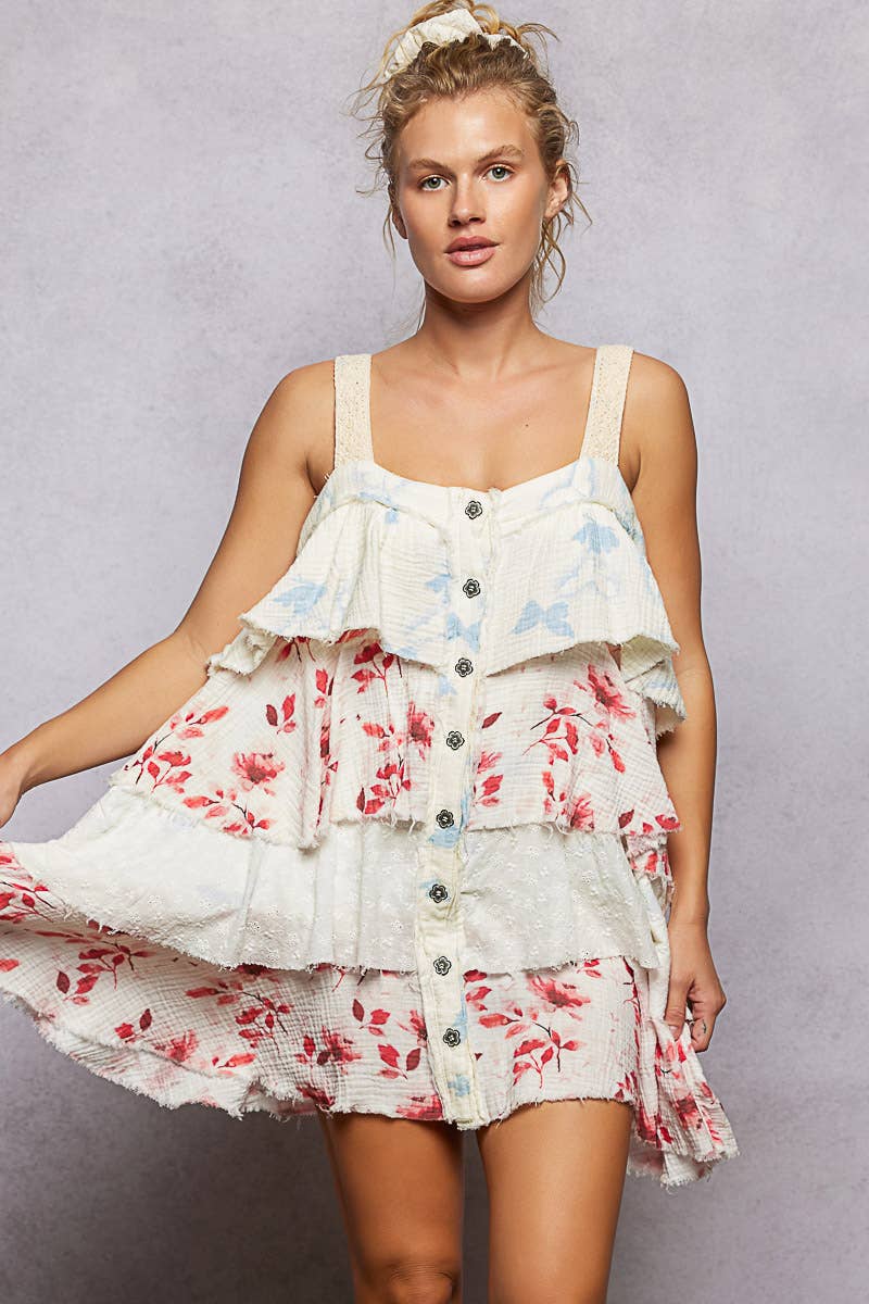 Boho Eyelet Patch Ruffle Floral Print Mini Dress