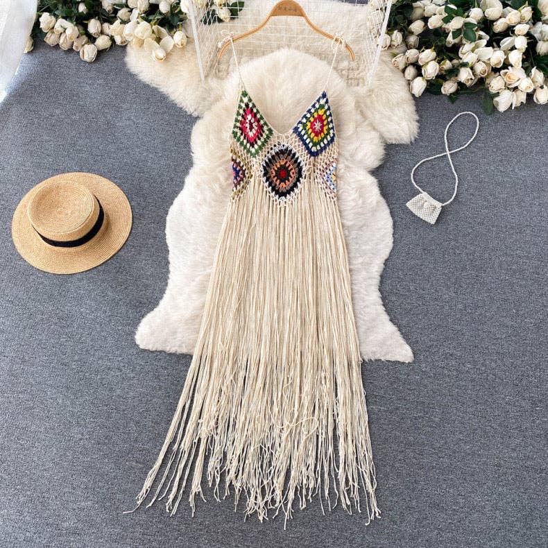 Crochet Tassel Midi Dress: BEIGE / AVERAGE
