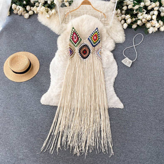 Crochet Tassel Midi Dress: BEIGE / AVERAGE