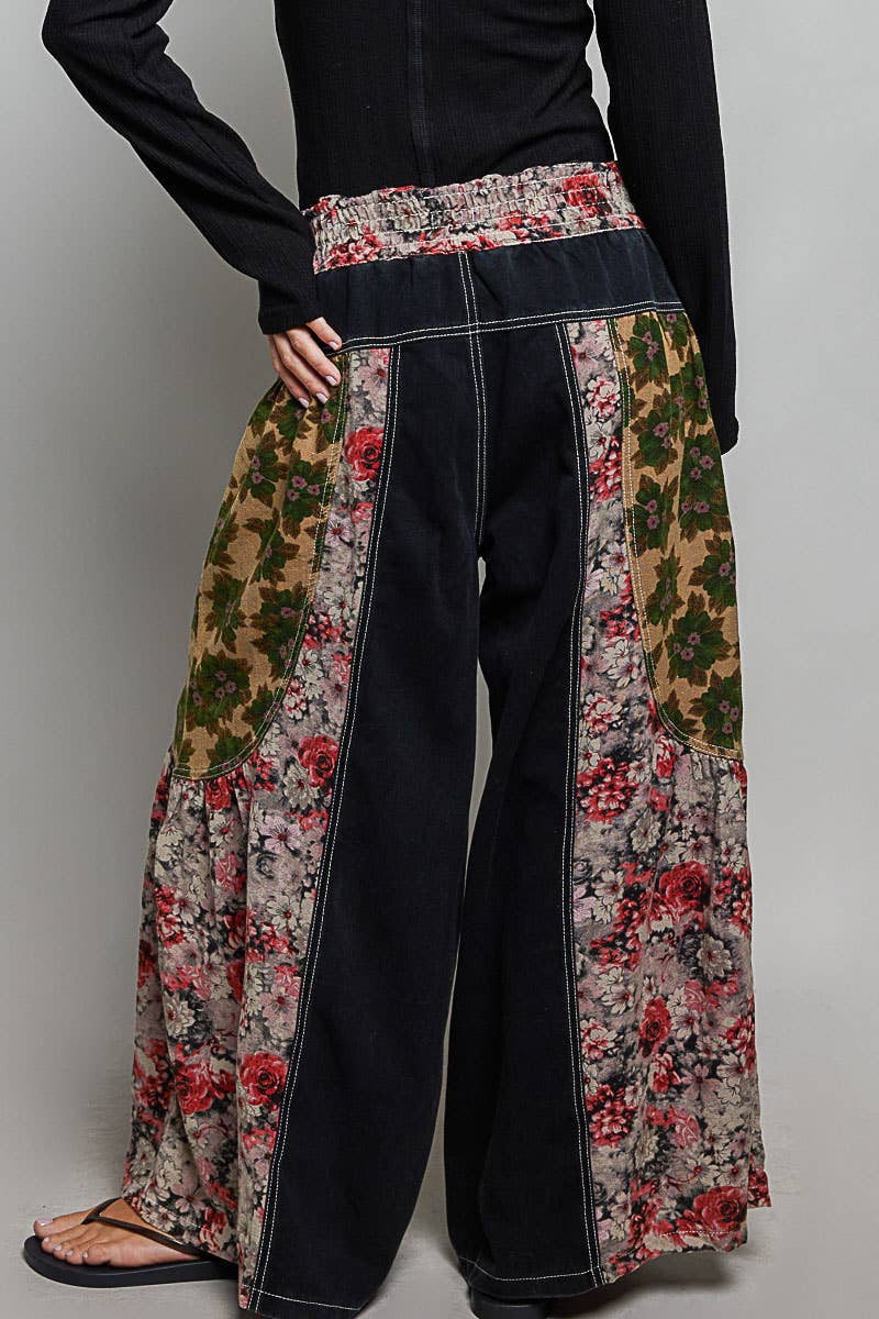 Vintage Washing Floral High Rise Wide Leg Twill Pants