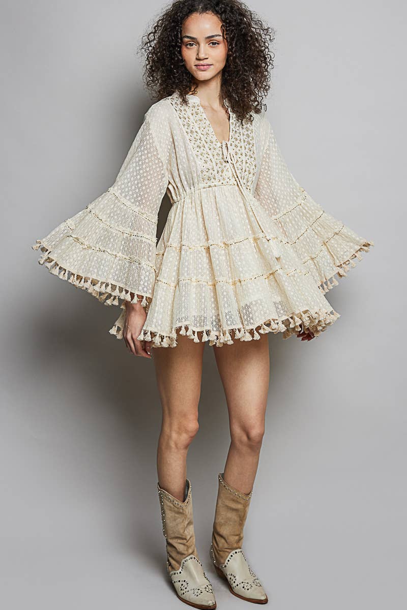 Split Embroidery Tassel Detail V-Neck Flared Short Dress