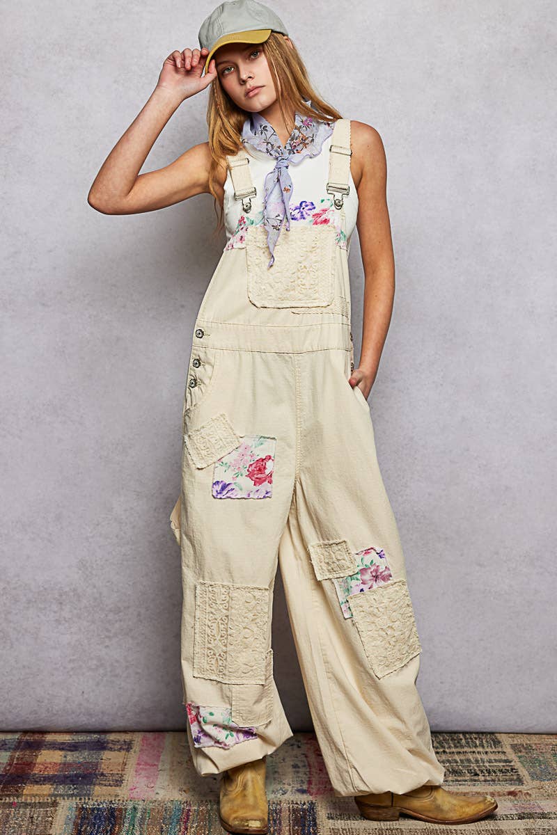 Printed Lace Patch Trim Strap Relaxed Fit Jogger Overall