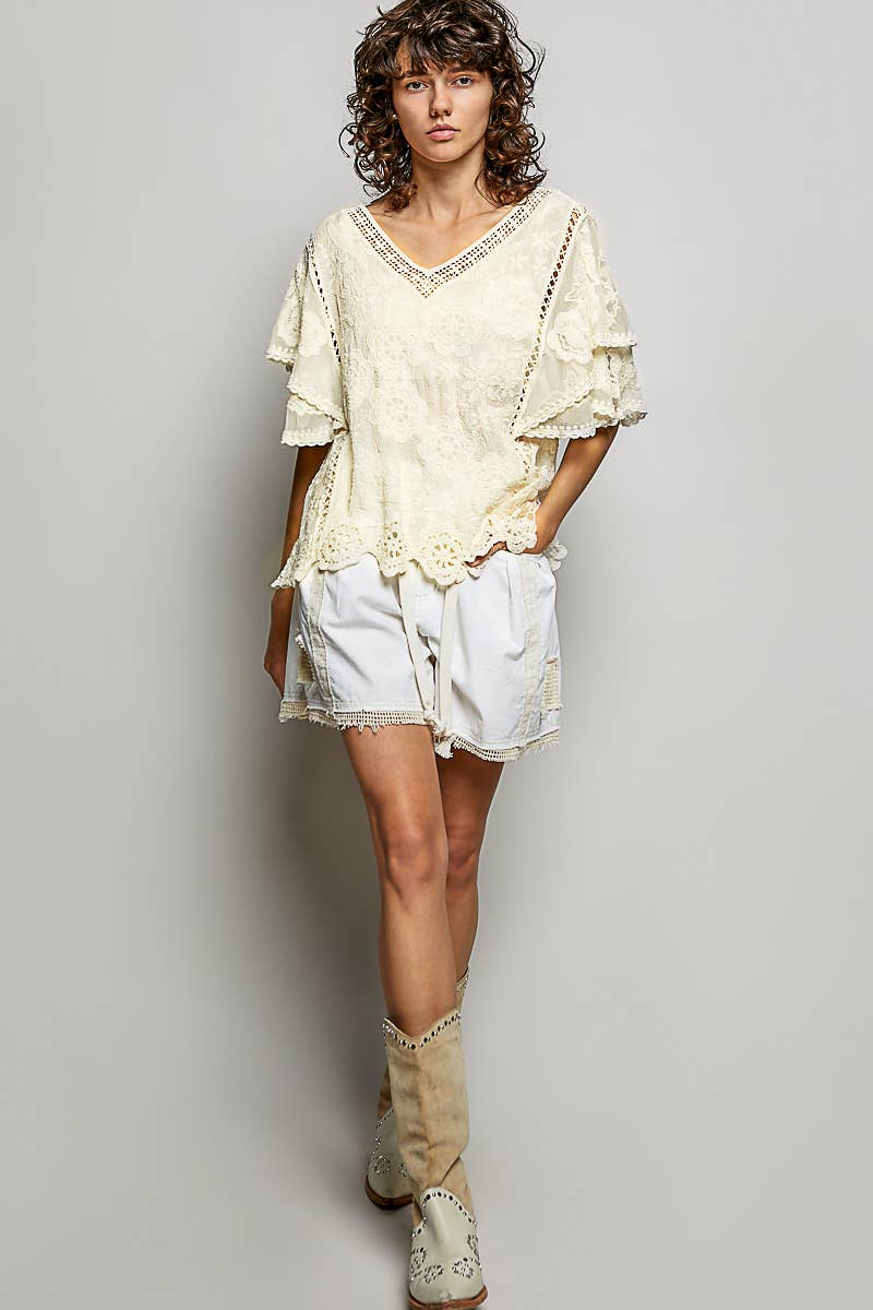V-neck Short Sleeve Crochet Trim Solid Top