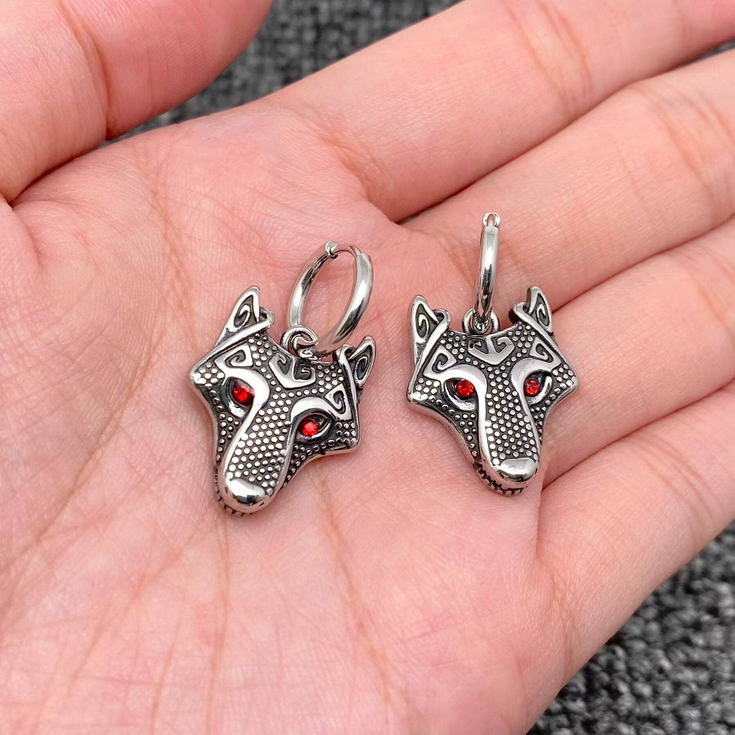 Viking Celtic Trinity Rune Wolf Head S.Steel Earrings - MJ