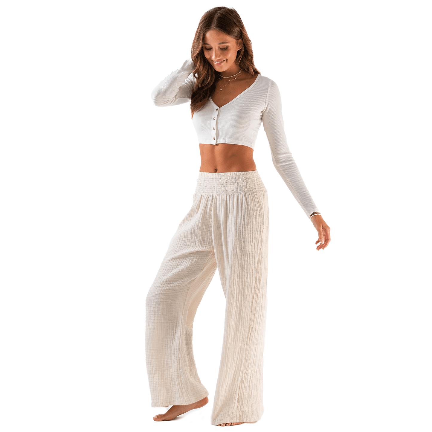 Cream Wide Leg Cotton Pants: S, M, L, XL
