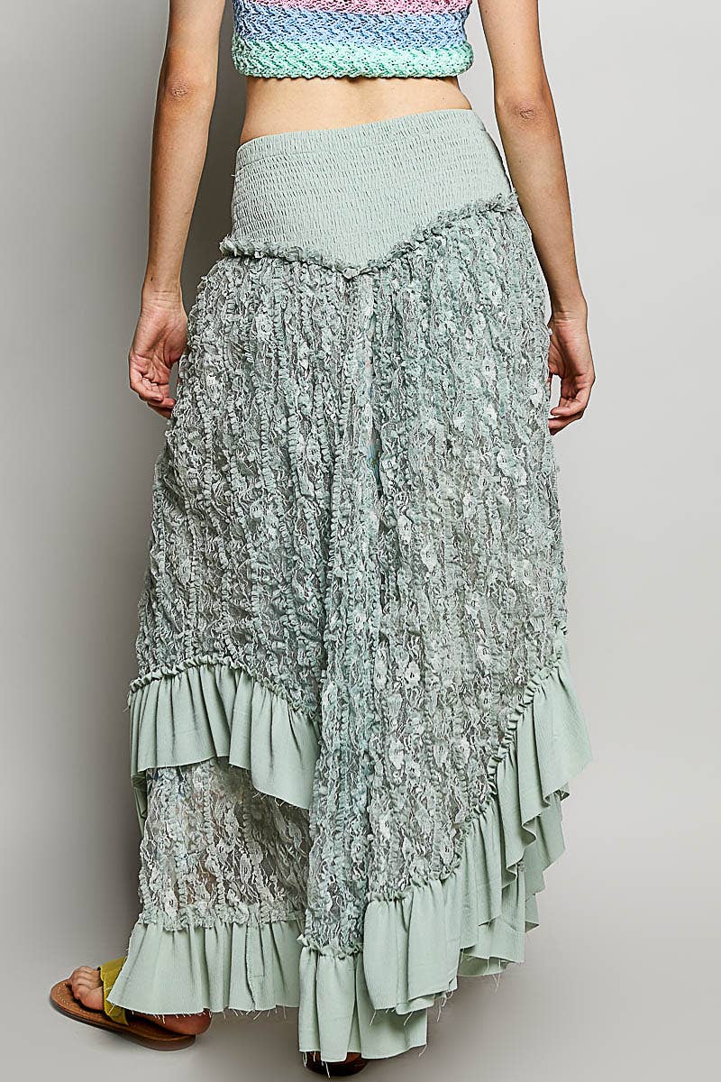 Ruffle Smocked Waist Solid Long Lace Skirt