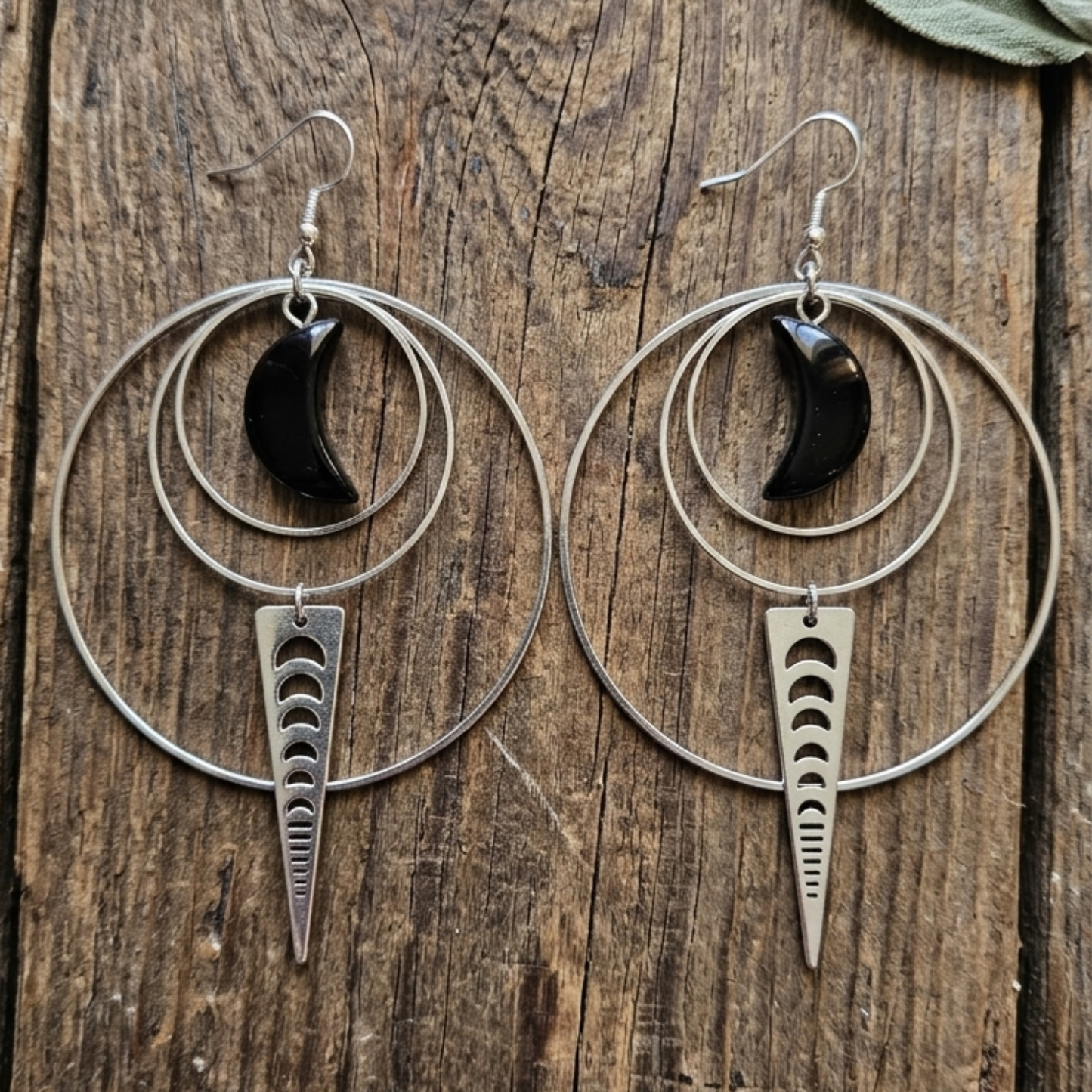 Celestial Moon Phase Hoop Earrings with Black Obsidian
