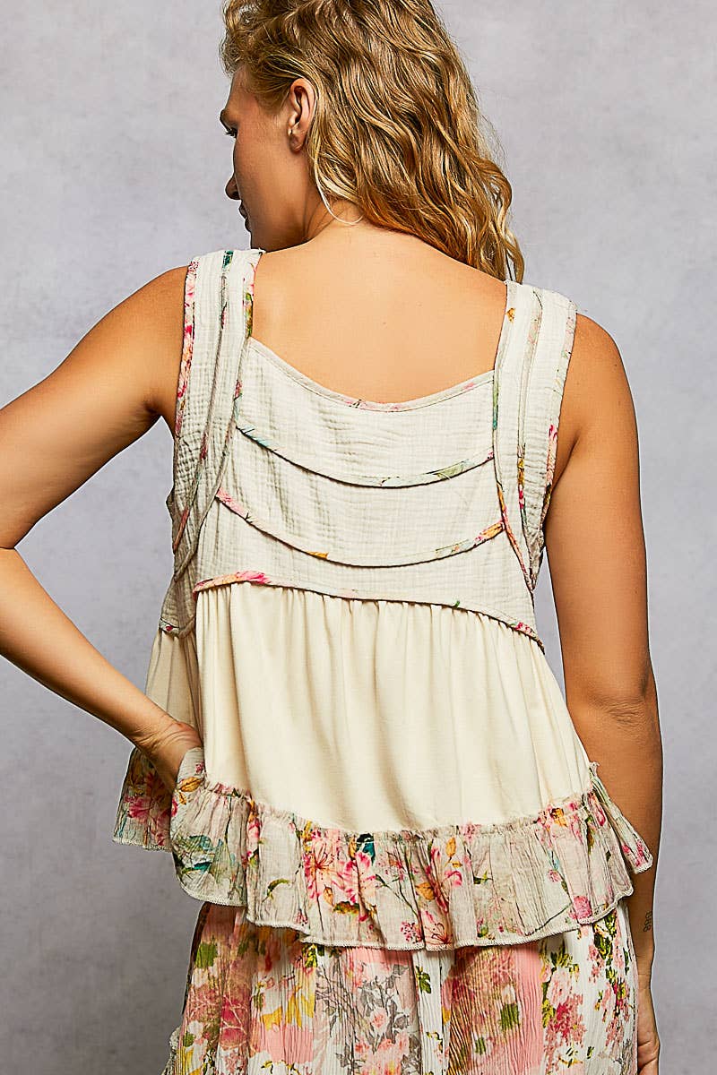 Square Neck Soft POL Jersey Floral Trim Boho Tank Top