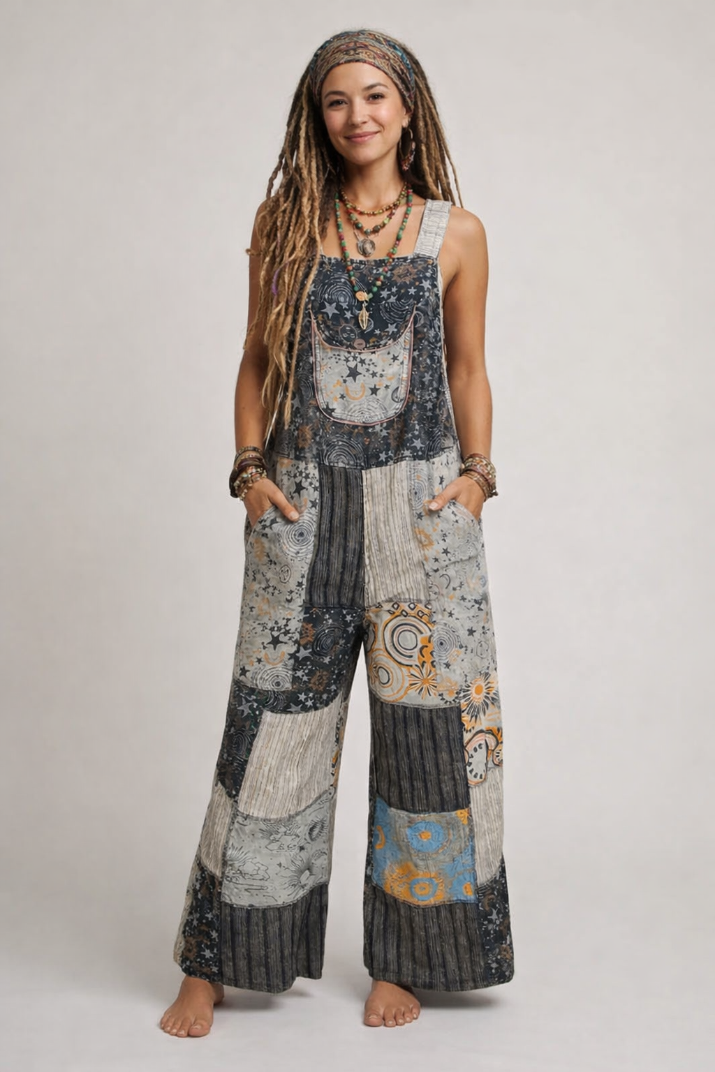 Celestial Print Patchwork Hippie Overall