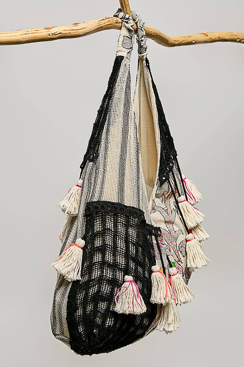 Roomy Fit Patchwork Tassel Black Hobo Bag