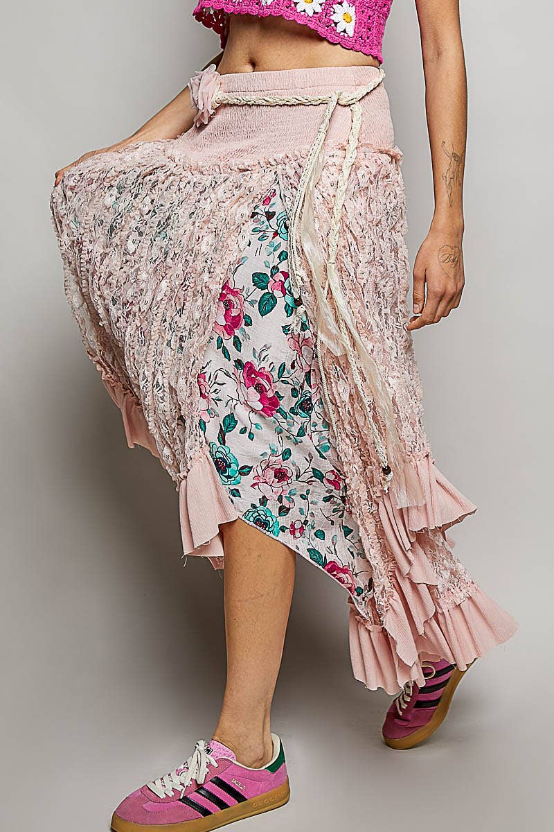 Ruffle Smocked Waist Solid Long Lace Skirt