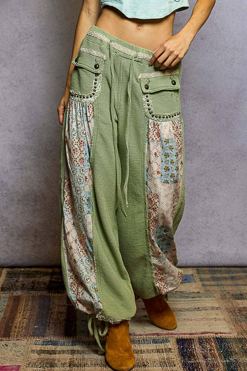 Elastic band floral print patch stud detail jogger pants: Pink or Sage