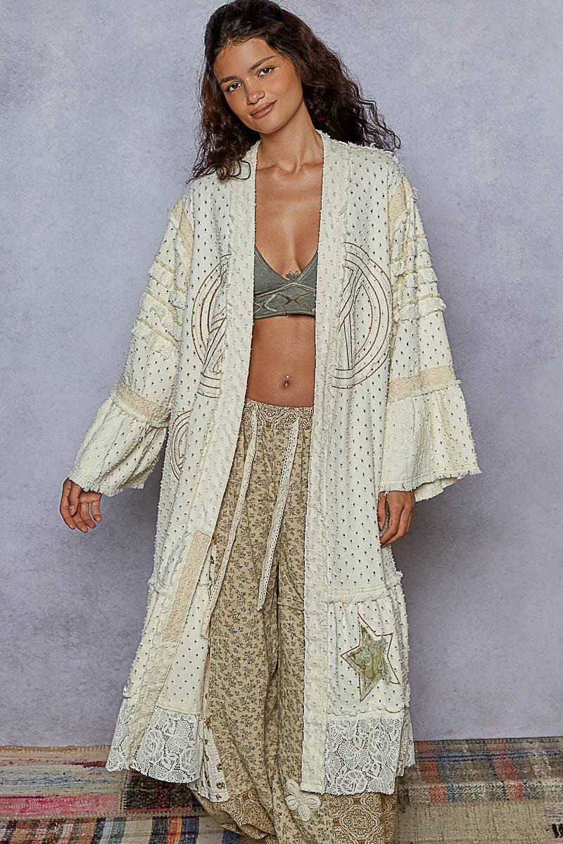 Vintage solid peace patch long cardigan woven top: Black