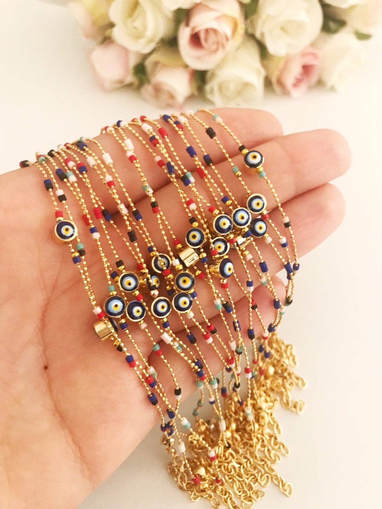 Evil Eye Chain Bracelet, Seed Beads Bracelet, Evil Eye Jewelry