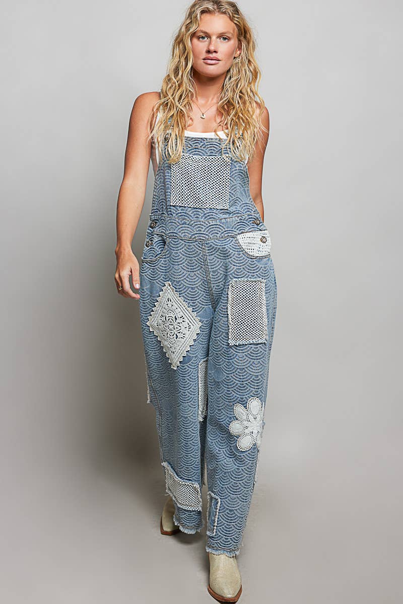 Crochet Contrast Patch Detail Chest Pocket Woven Overalls
