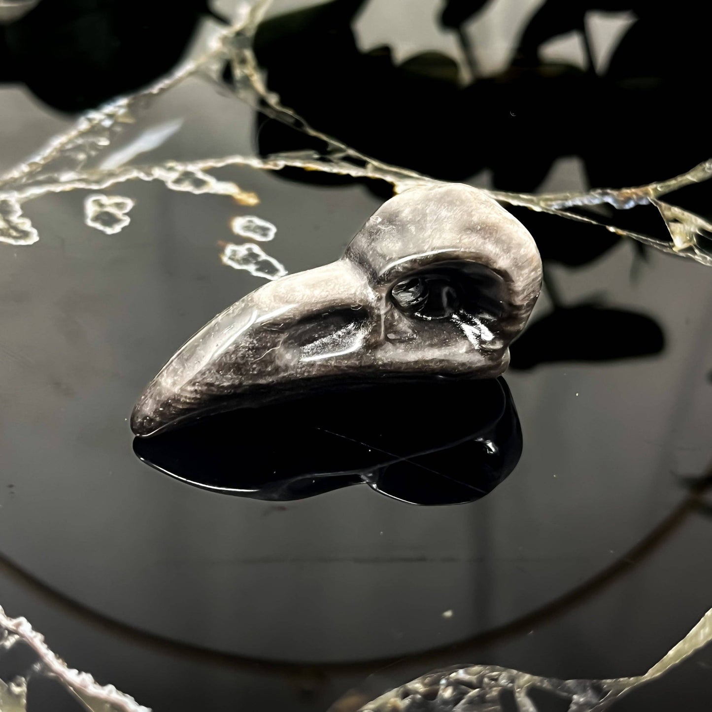 Silver Sheen Obsidian Mini Raven Skull Carving 2"