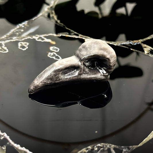 Silver Sheen Obsidian Mini Raven Skull Carving 2"