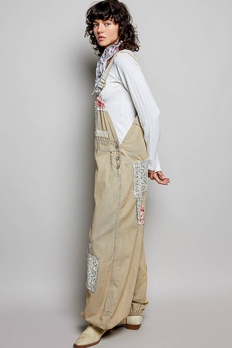 Printed Lace Patch Trim Strap Relaxed Fit Jogger Overall